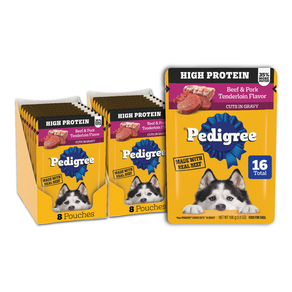 Pedigree alta proteina con res, comida húmeda para perros activos.