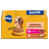 Pedigree Chopped Ground Dinner: lata con pollo y res, ideal para perros adultos.