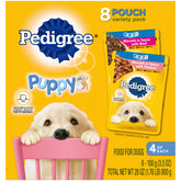 Pedigree Puppy Morsels con pollo, frente del empaque, sabor apetitoso para cachorros.