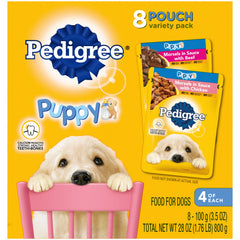 Pedigree Puppy Morsels con pollo, frente del empaque, sabor apetitoso para cachorros.