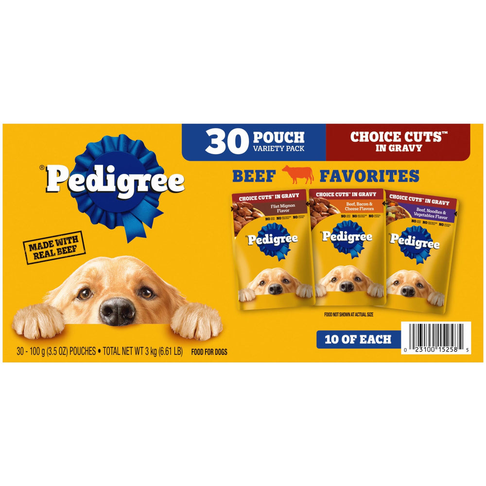 Pedigree recortes salsa carne, empaque práctico para la comida diaria de tu perro.