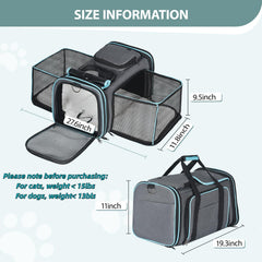 Pesen transportín mide 18x11x11 pulgadas, ideal para viajes.