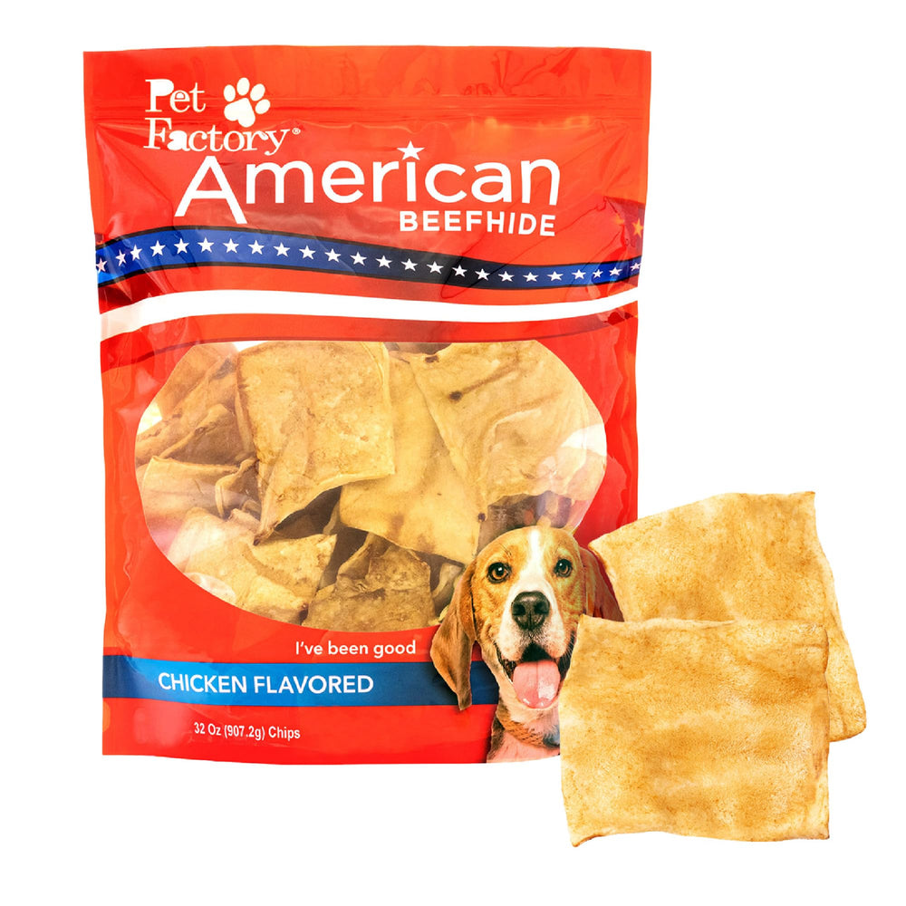 Pet Factory chips de piel de res americano con sabor pollo, para masticación prolongada.