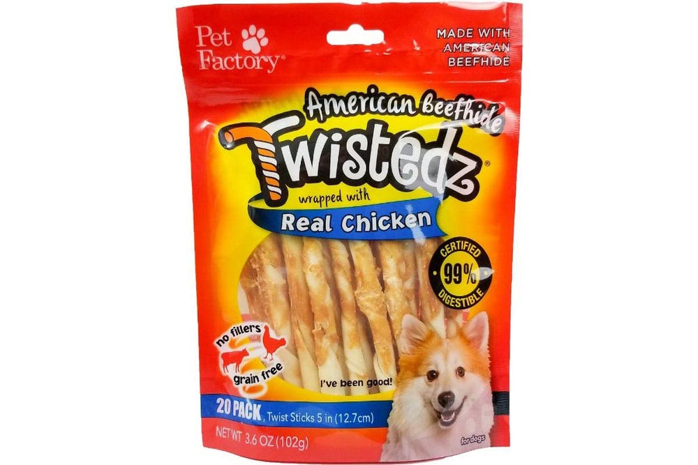 Pet Factory Twistedz palitos trenzados de piel de res con recubrimiento de pollo para masticación.