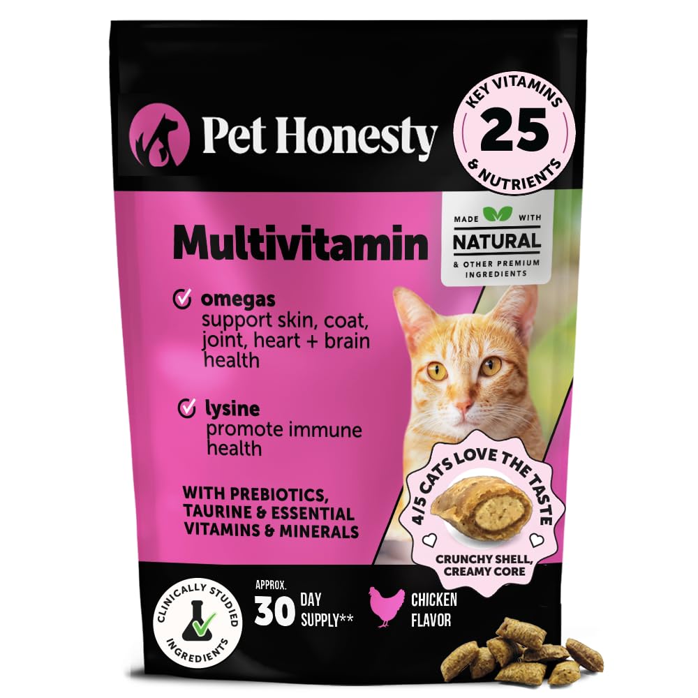 Pet Honesty Cat Multivitamin: empaque frontal mostrando el suplemento sabroso