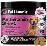 Pet Honesty multivitamínico para perros, frasco con etiqueta mostrando el producto.