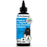 Pet Honesty Restore + Soothe: botella frontal, calma irritación y reduce mal olor en oídos de perros.
