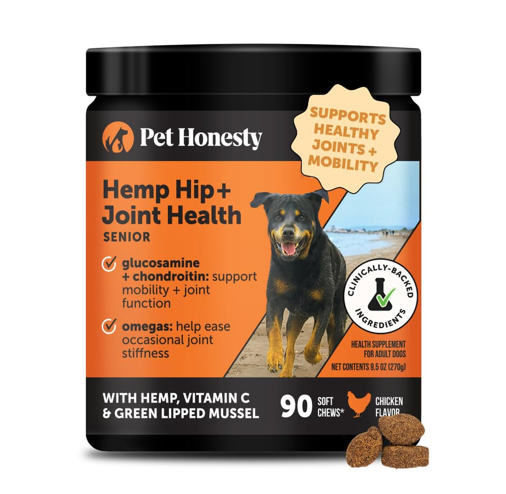 Pet Honesty Senior Hemp articulaciones botella: apoya movilidad diaria en perros mayores.