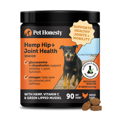 Pet Honesty Senior Hemp articulaciones botella: apoya movilidad diaria en perros mayores.