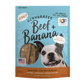 Pet Jerky Factory beef and banana jerky bag open, irresistible for eager pups.