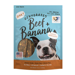 Pet Jerky Factory beef and banana jerky bag open, irresistible for eager pups.