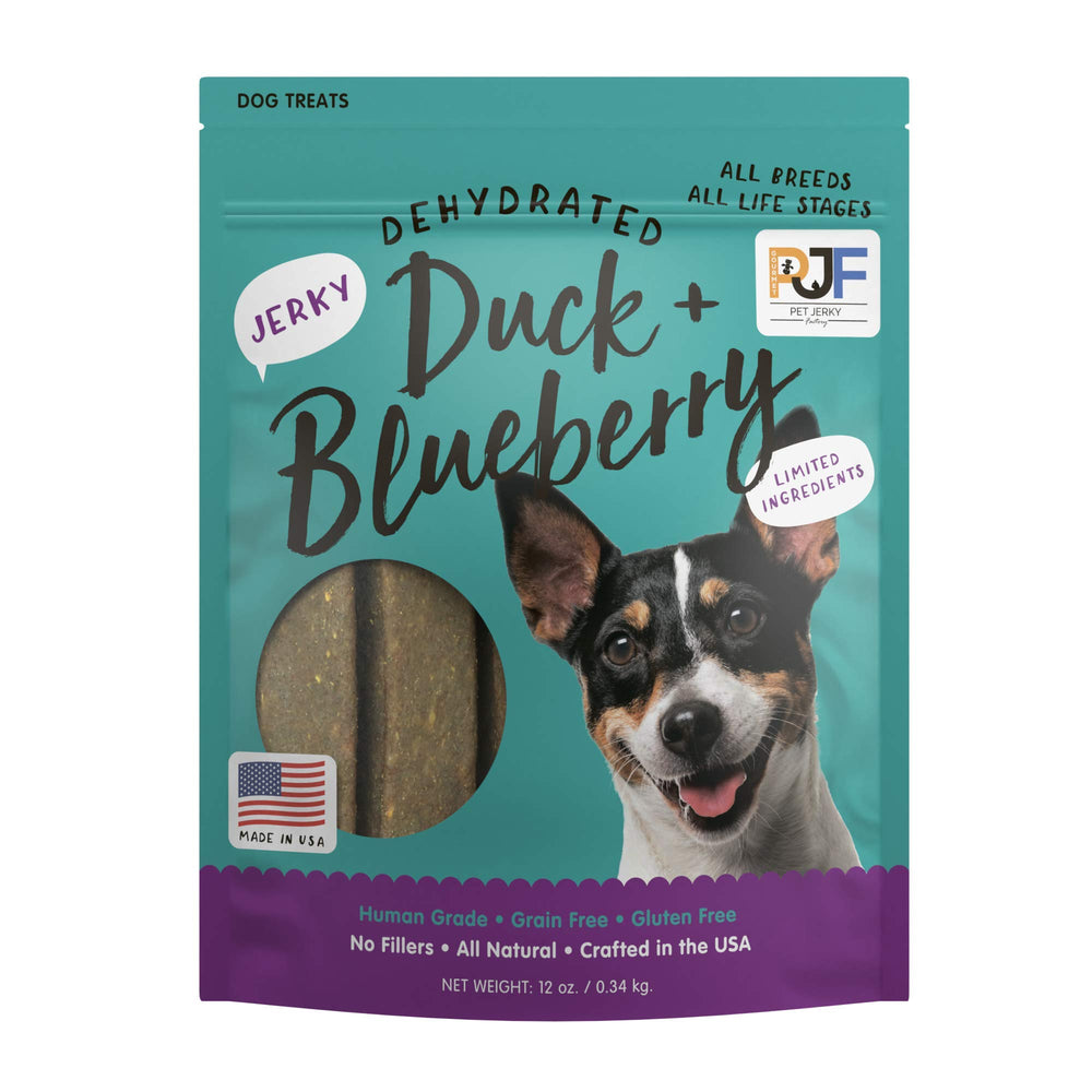 Pet Jerky Factory premium duck and blueberry jerky bag highlights high-protein training reward