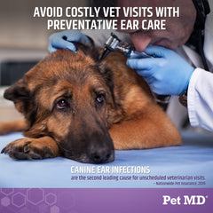 Pet MD Tris Flush, vertido suave para enjuague de oídos en mascotas.