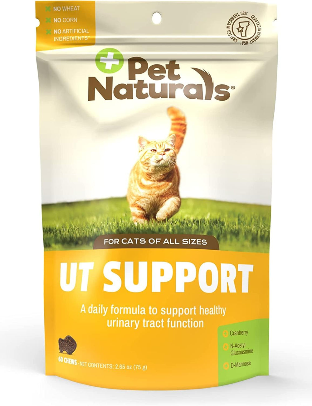 Pet Naturals UT Support botella, soporte práctico para la salud urinaria diaria del gato.