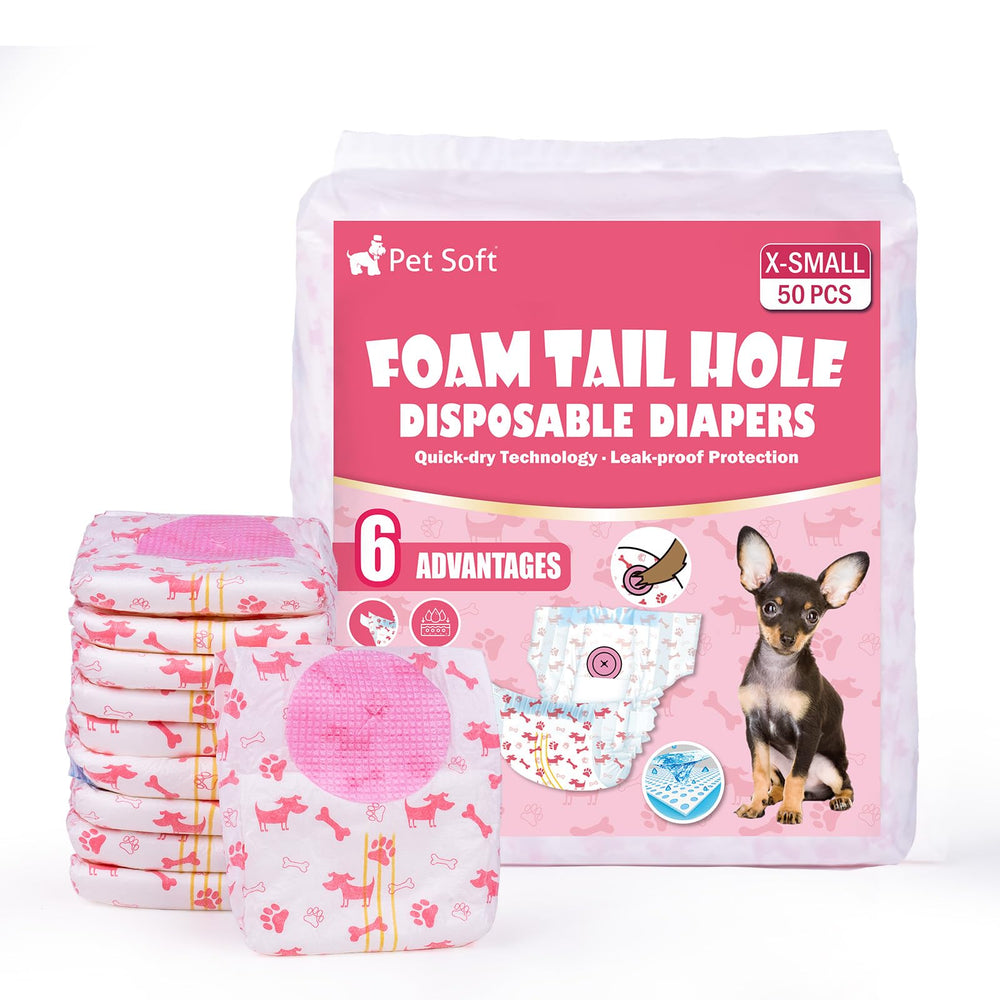 Pañales Pet Soft XS para perras, vista frontal y ajuste cómodo.