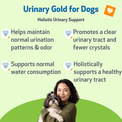 Pet Wellbeing Urinary Gold, etiqueta legible mostrando ingredientes para bienestar urinario