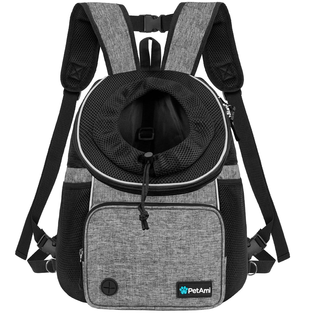 PetAmi Mochila Portadora Frontal para Perro en uso, transporte cómodo y seguro.