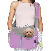 PetAmi sling para perro pequeño morado, vista frontal, cómodo para paseos cortos.
