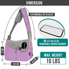 PetAmi sling para perro pequeño morado, vista lateral, soporte estable durante caminatas.