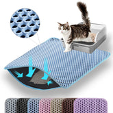 Petinstinct Jumbo alfombra para caja de arena azul, vista general y reducción de arena en el suelo.