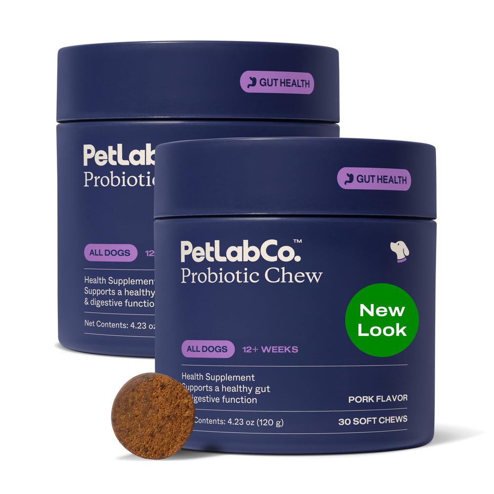 PetLab Co Probiotics para perros: envase frontal, sabor cerdo, mejora digestión