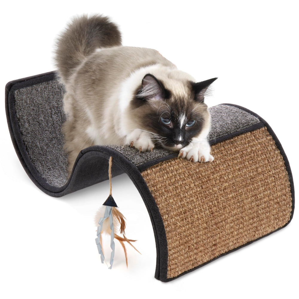 Petlinks Dream Curl rascador curvo con alfombra y sisal para gatos curiosos.