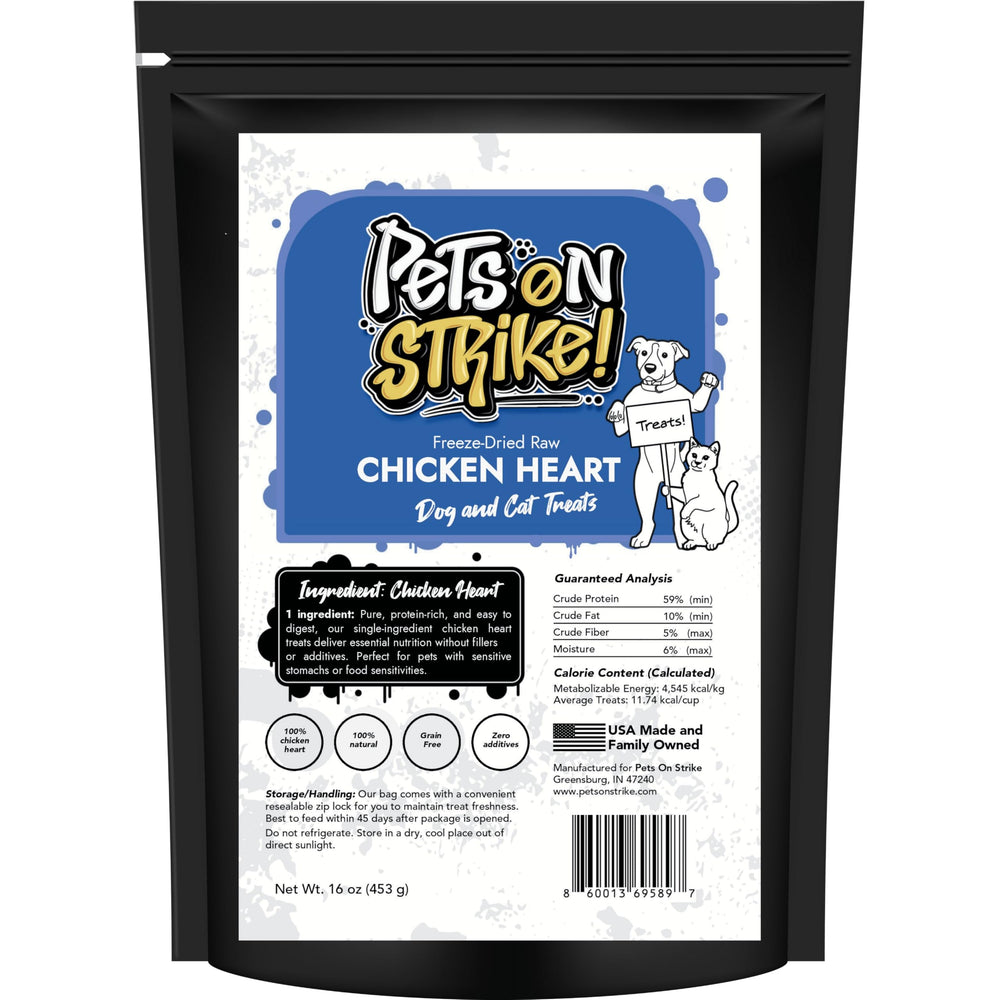 PETS ON STRIKE corazones de pollo liofilizados, snack proteico ideal para recompensas.