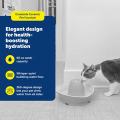 PetSafe Fuente Cerámica, flujo susurrante, ideal para mascotas tímidas que beben con tranquilidad.