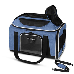 Petskd transportín expandible azul, cómodo para viajar con tu mascota.