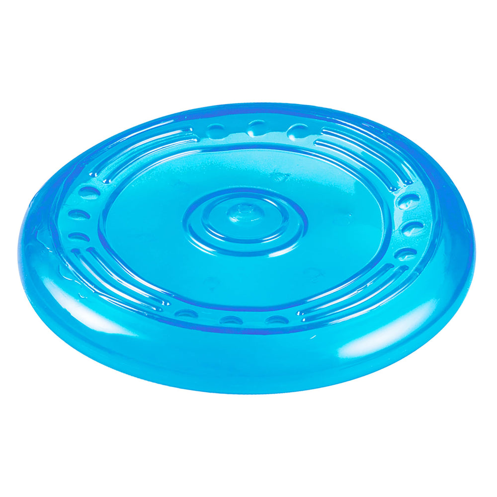Petstages Orka Flyer, vista frontal, disco resistente para juego activo al aire libre.