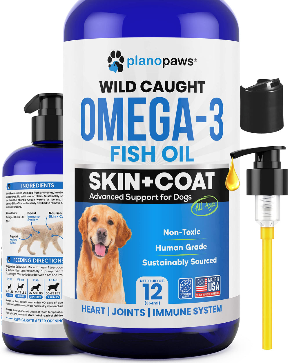 Planopaws Omega-3 para perros: botella, ayuda a piel y pelaje saludables.