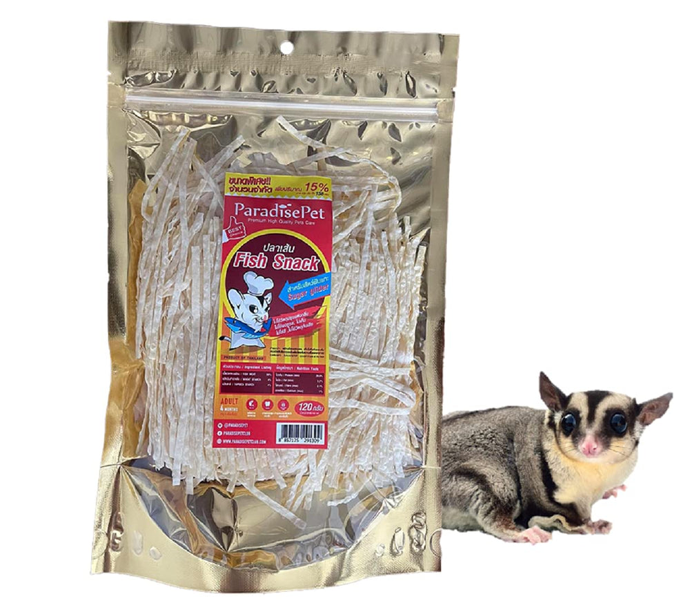 Polar Bear's Pet Shop snack pescado para sugar gliders, envase visible, ideal para premiar mascotas pequeñas.