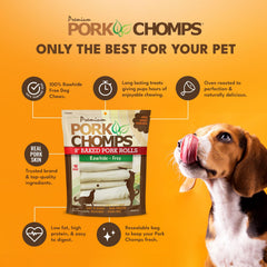 Pork Chomps piel de cerdo como ingrediente principal para una masticación natural y sabrosa.