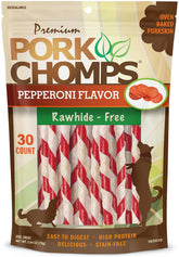 Pork Chomps, piel de cerdo horneada, twists de 5 pulgadas con pepperoni para masticación duradera