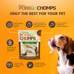 Pork Chomps textura firme nudo, promueve masticación prolongada para perros activos.