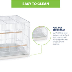 Jaula voladora Prevue blanca, detalle de comederos, limpieza sencilla.