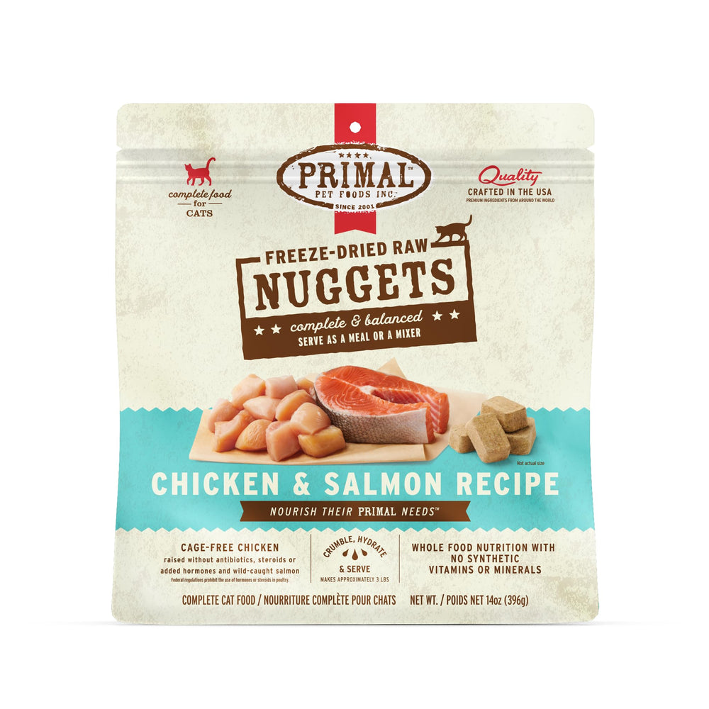 Primal bocaditos crudos para gatos, enfoque pollo y salmón, sabor y proteína altas