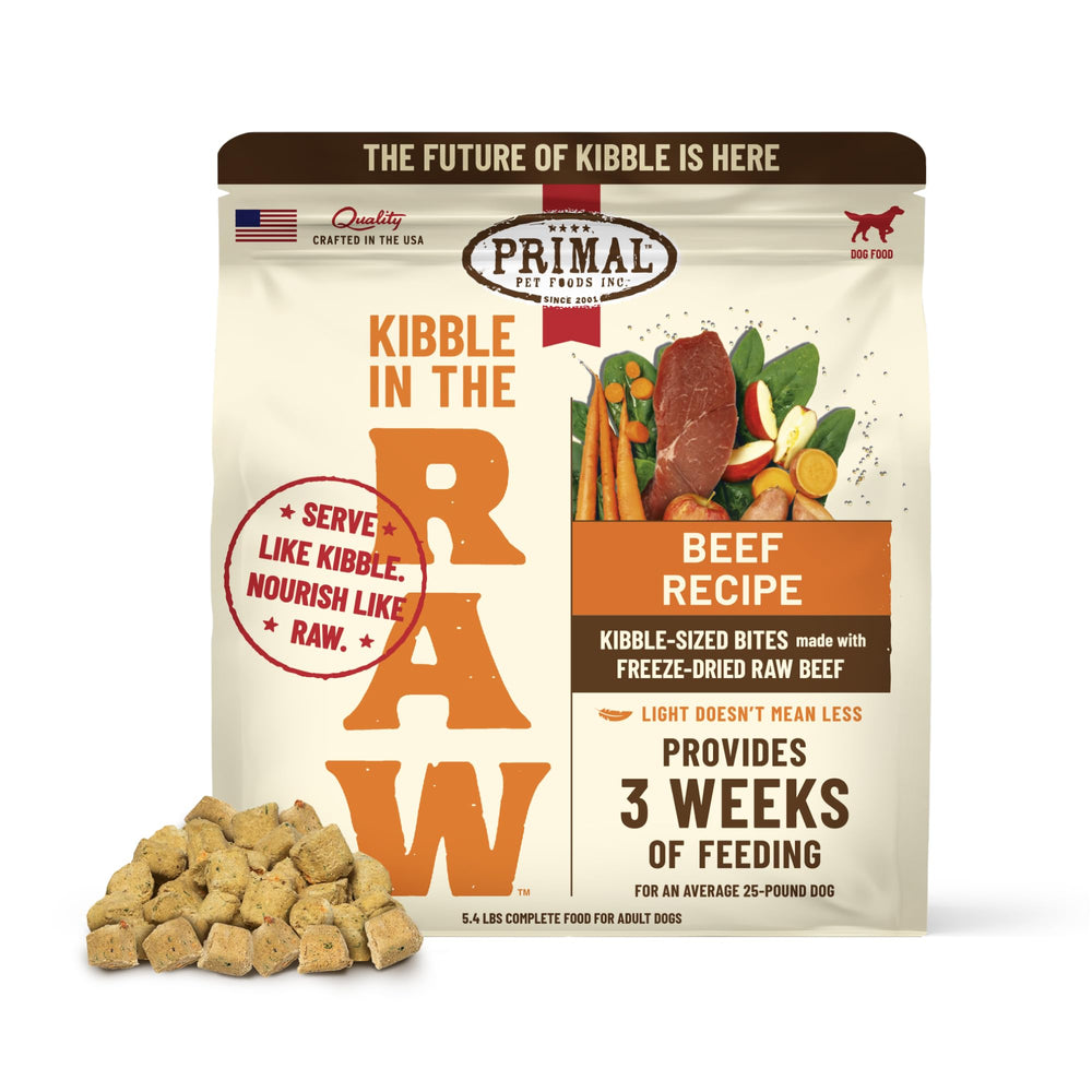 Primal Pet Foods Kibble en la Cruda, bolsa abierta, porciones listas para servir.