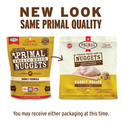 Primal Pet Foods nuggets conejo rehidratados listos para servir.