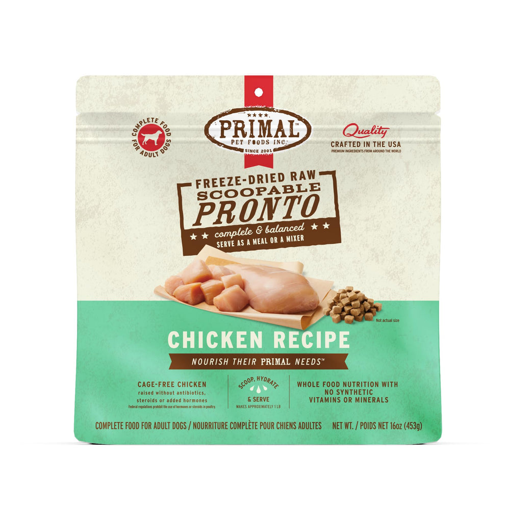 Primal Pronto Mini Nuggets pollo en cuenco, comida sabrosa y completa para perros.