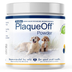 ProDen PlaqueOff bote 420 g para cuidado dental diario de perros y gatos.