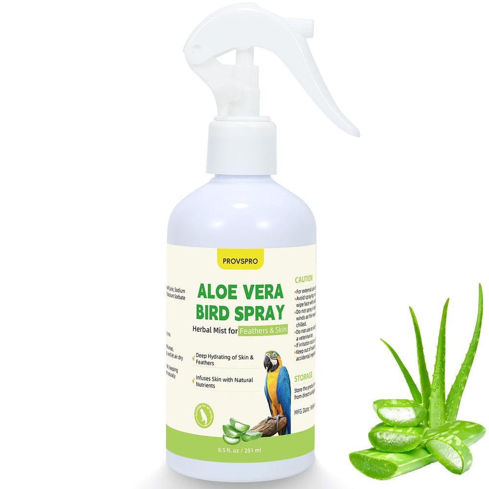 provspro rociador de Aloe Vera para aves: botella visible, cuidado suave de plumas.