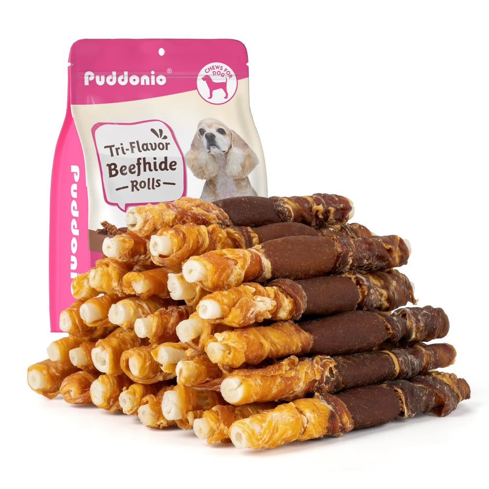 Puddonio bastones piel cruda pollo: snack sabroso para perros pequeños y medianos.