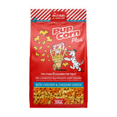 Pup Corn Plus front of bag with chicken cheddar puffs, low-calorie dog treats