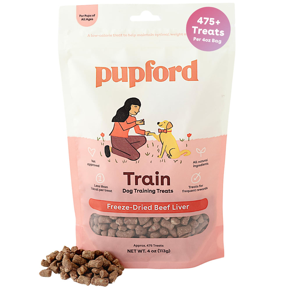 Pupford bocaditos liofilizados frente al empaque, recompensa rápida para entrenar.