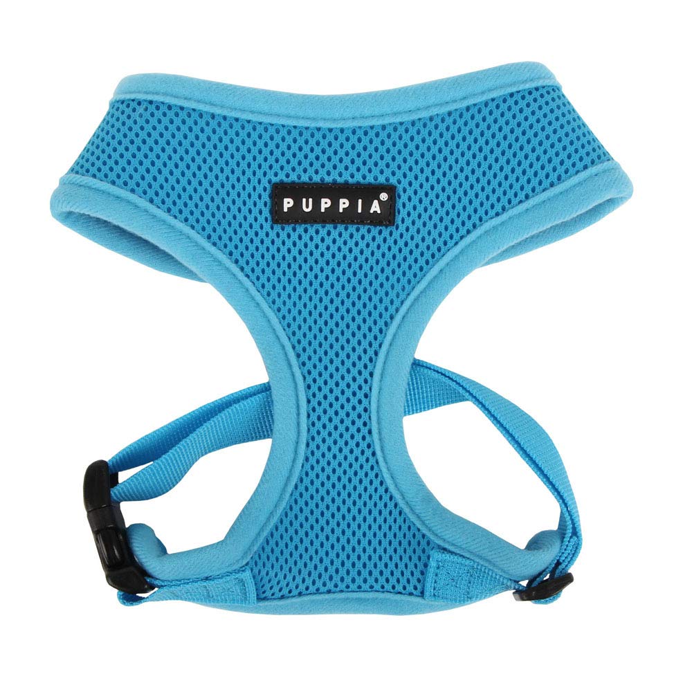 Arnés Puppia suave para perros en azul cielo, cómodo para paseos diarios.