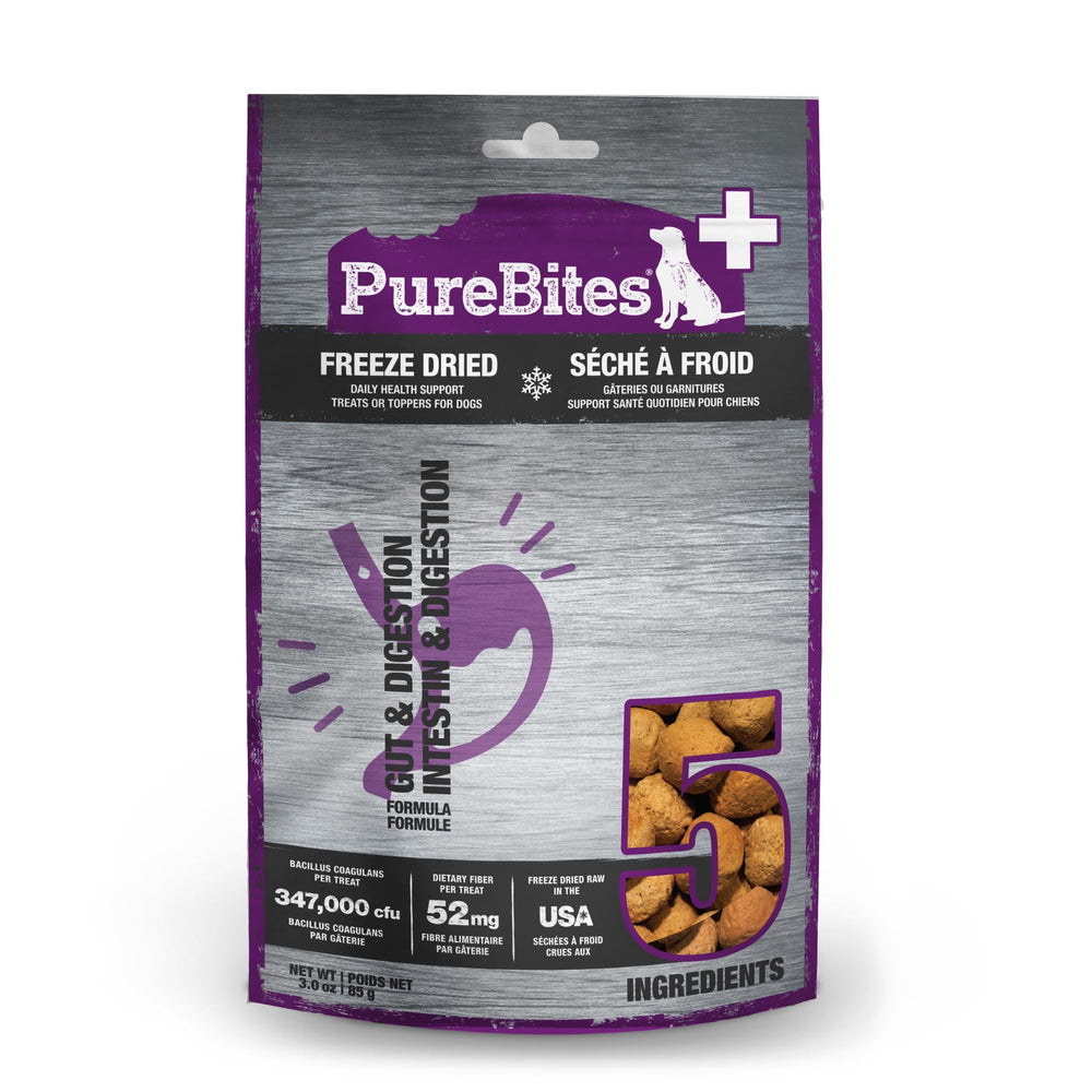 PureBites golosinas digestivas para perros con probióticos que apoyan la salud diaria.