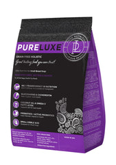 PURELUXE envase de alimento para perros, enfoque en pavo y salmón, formulación sin granos, apto para perros pequeños