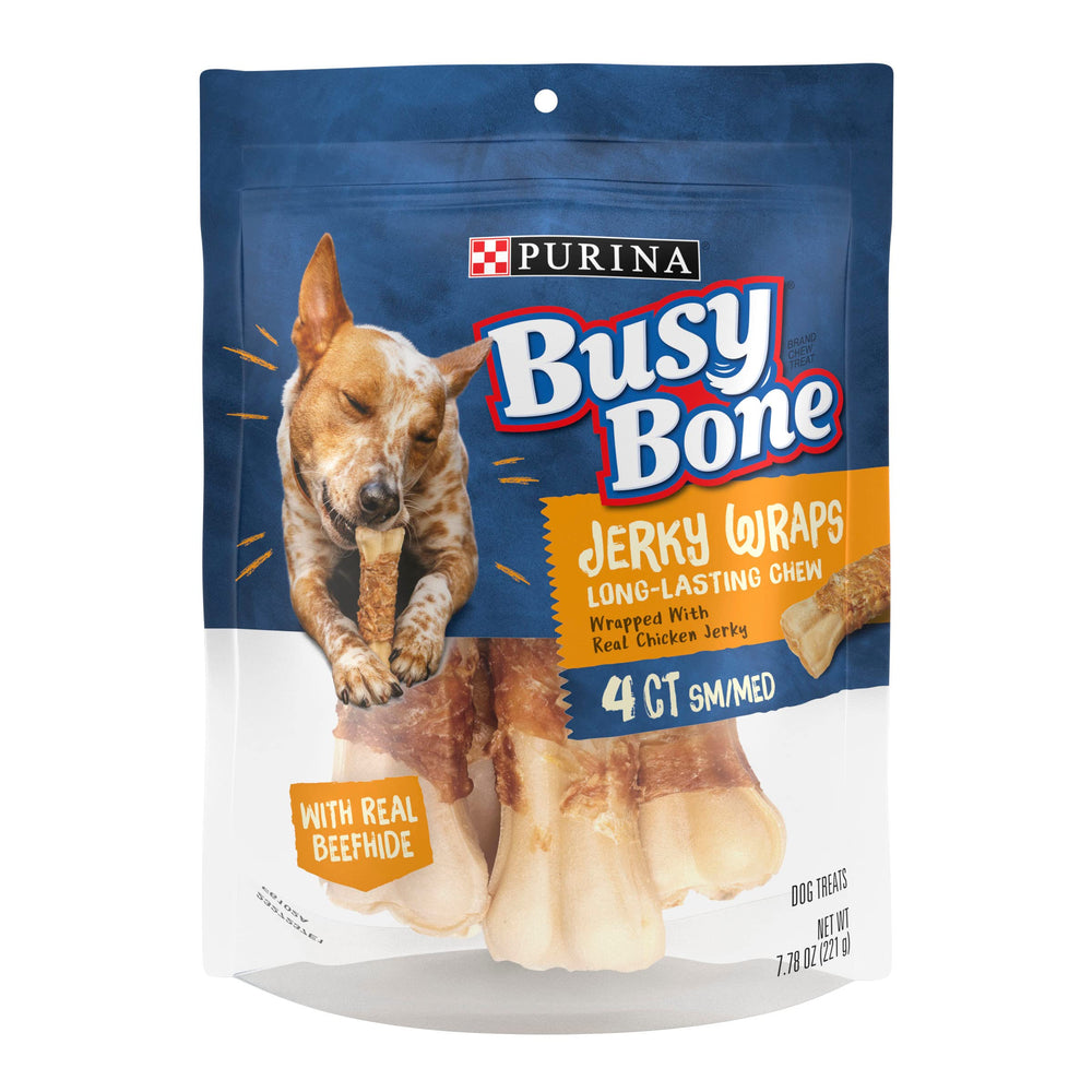Purina Busy Bone Jerky Wraps, empaque de cinco bolsas para premiar y entretener.