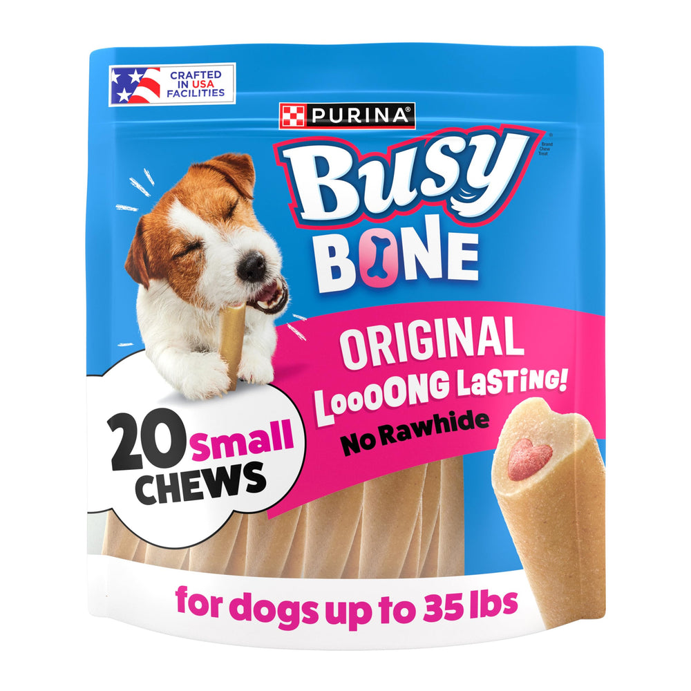 Purina Busy Mini con centro de carne real, premio sabroso para razas pequeñas.